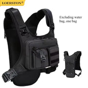Lightweight running chest pack vest in black with multiple front pockets; Simples Market, LOERSTON logo visible.