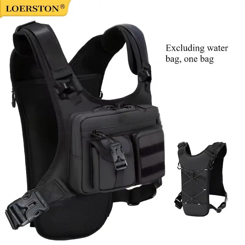 Lightweight running chest pack vest in black with multiple front pockets; Simples Market, LOERSTON logo visible.