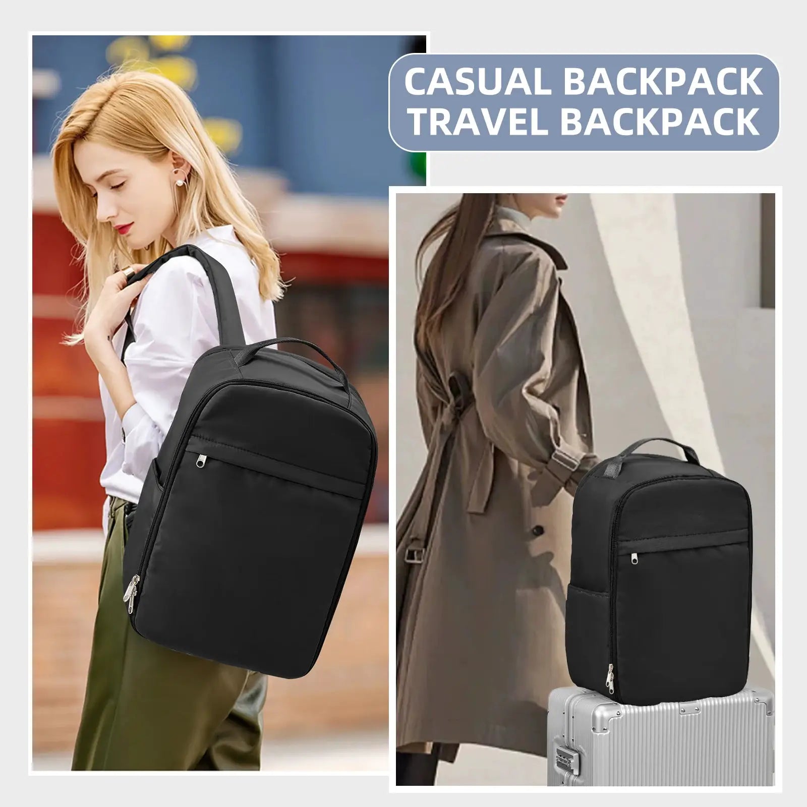 Ryanair cabin backpack by Simples Market; black travel backpack for women/men, shown in three views.