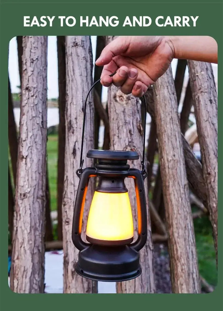 Simples Market retro lantern LED light with hanging handle, warm amber glow for camping and home decor
