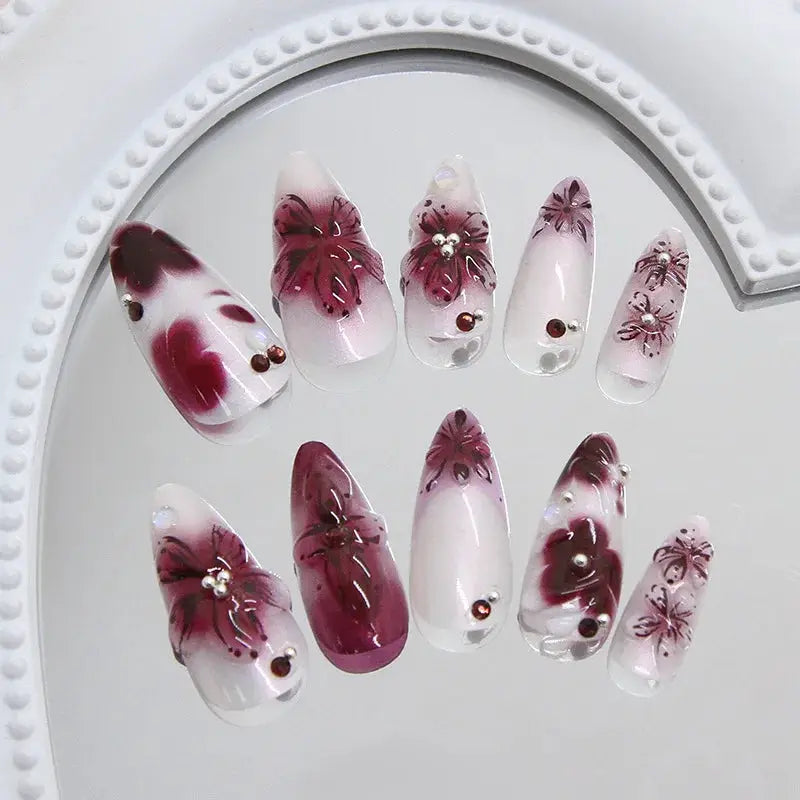 Spicy Girl Flower Print Press On Nails 24Pcs Wine Red Blush Almond Wearable Reusable False Nail Tips For Summer