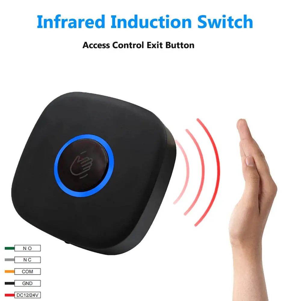 Simples Market infrared touchless exit button switch black square with blue ring, 12V DC, NO NC COM terminals