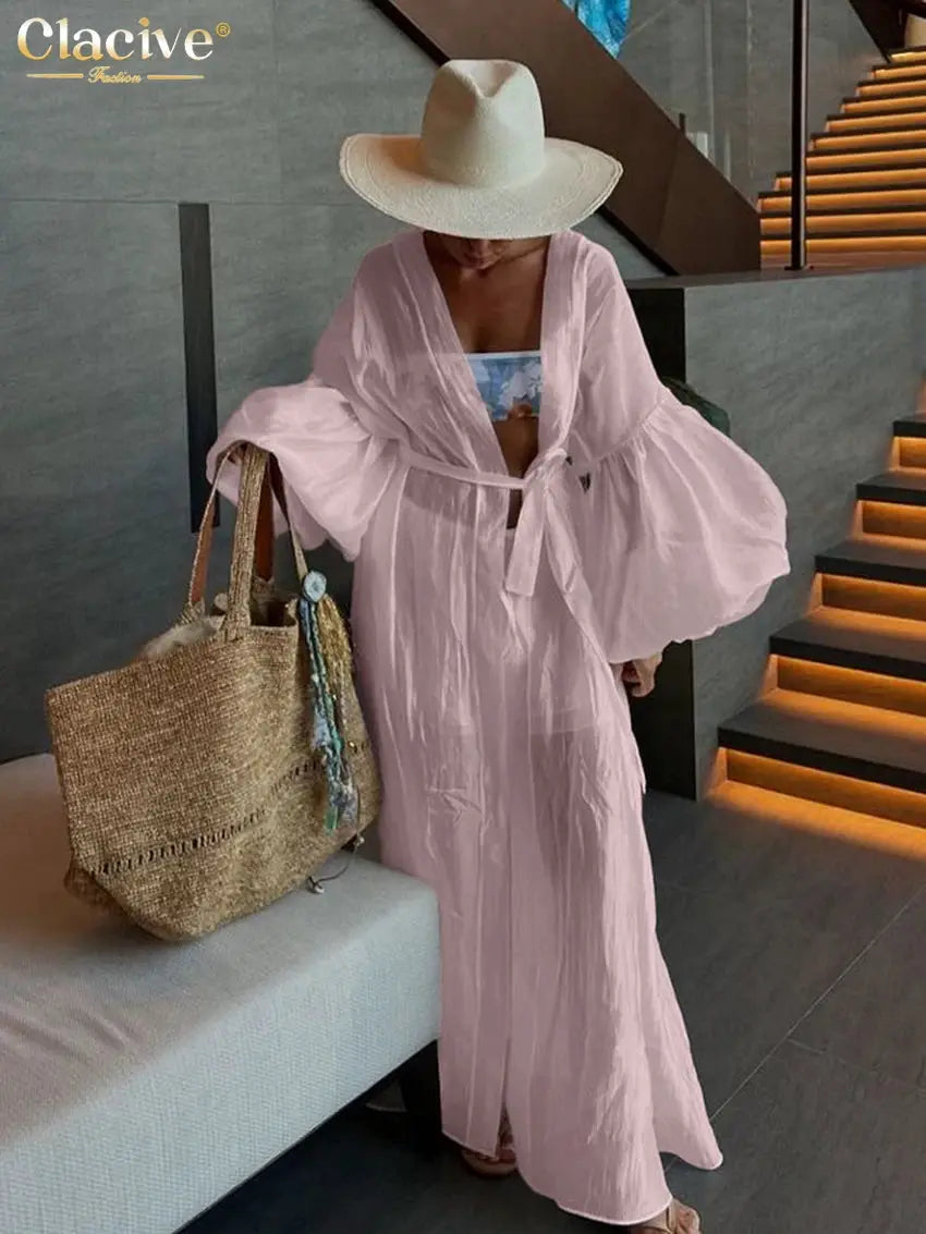 Clacive White 2 Piece Set Women Loose Long Sleeve Robe And Shorts