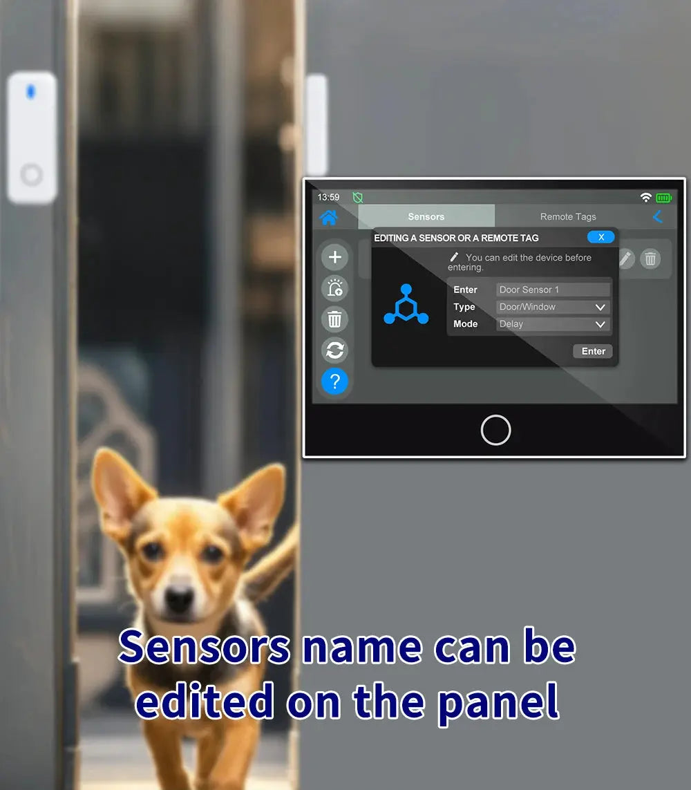 KERUI 7-inch IPS touchscreen home alarm panel with 4G/WiFi, beside a small dog at the doorway.