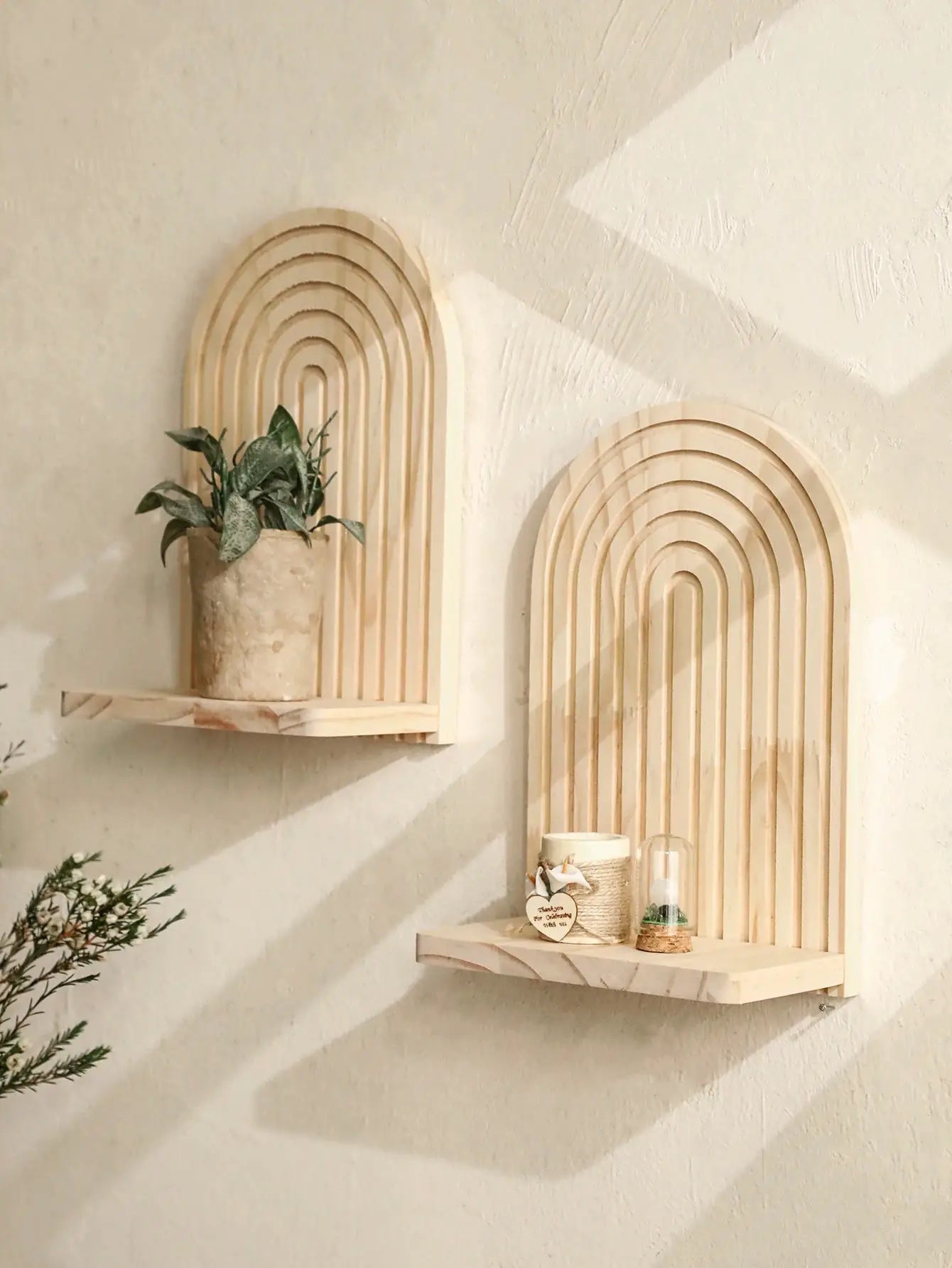 Boho-style wooden wall shelves; natural wood finish with geometric arch design, set of 2.