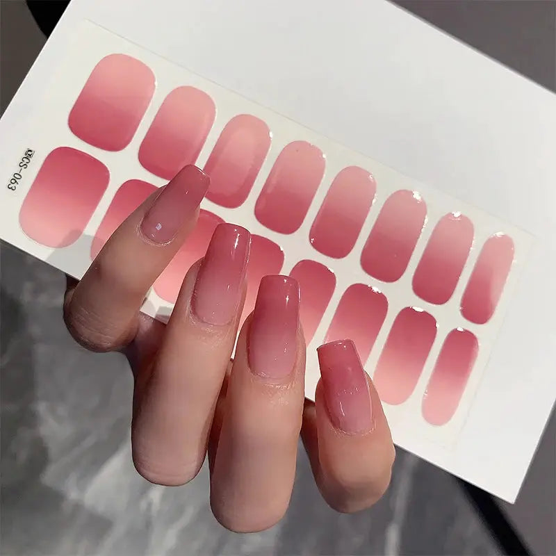 Simples Market gradient ombre nail stickers, 14–16 full-cover pink tips, self-adhesive press-on decals.