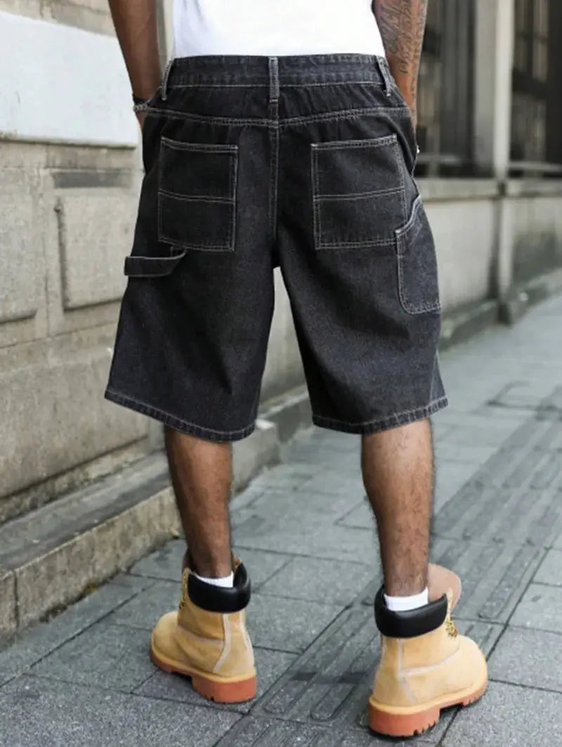 Men's Summer Black-Grey Loose Baggy Denim Shorts, Simples Market; knee-length denim with back pockets and side cargo pocket