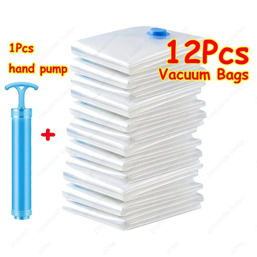 1 To 24 Pcs Reusable Vacuum Storage Bags With Hand Pump For Clothes And Travel Space Saving Clear Folding Bags