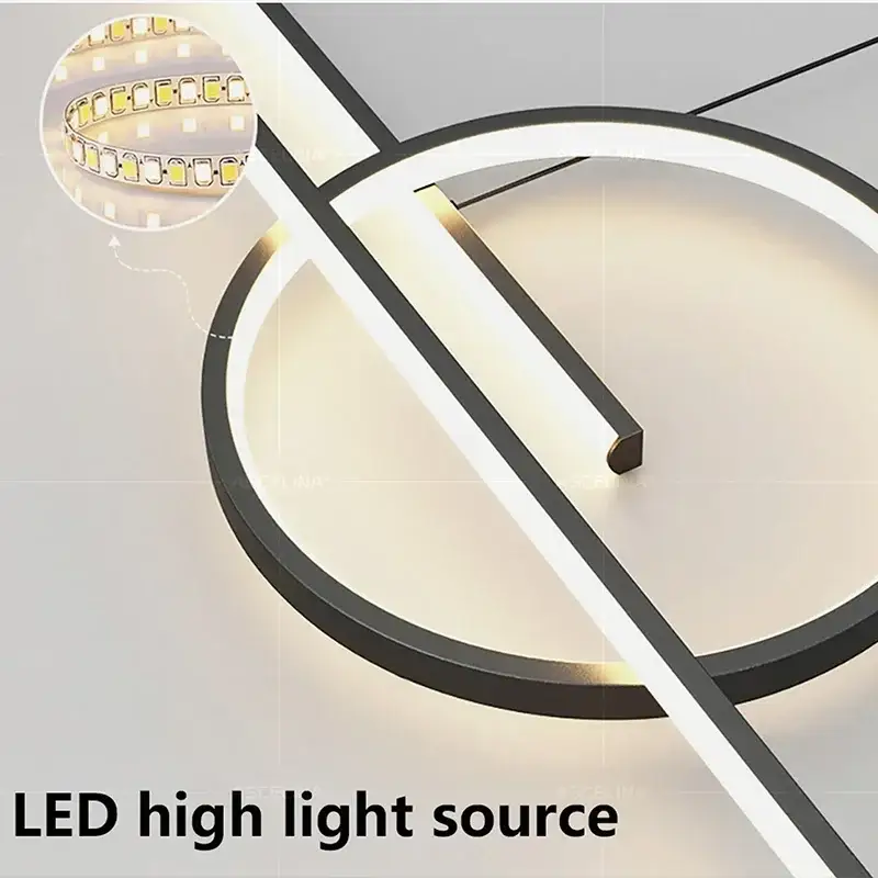 Simples Market modern LED chandelier; circular black ring with integrated LED strip and diagonal bar