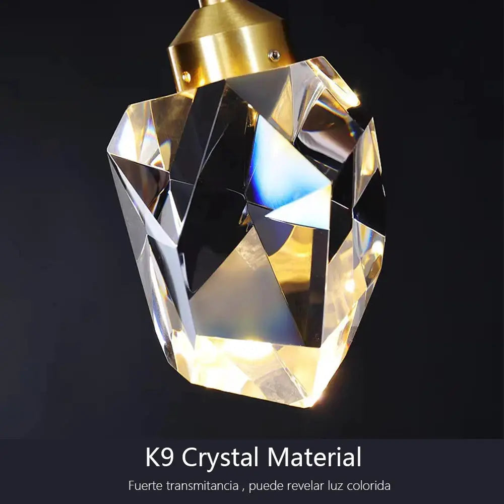 Ceiling pendant lamp with faceted K9 crystal and gold canopy, modern Nordic chandelier for living room