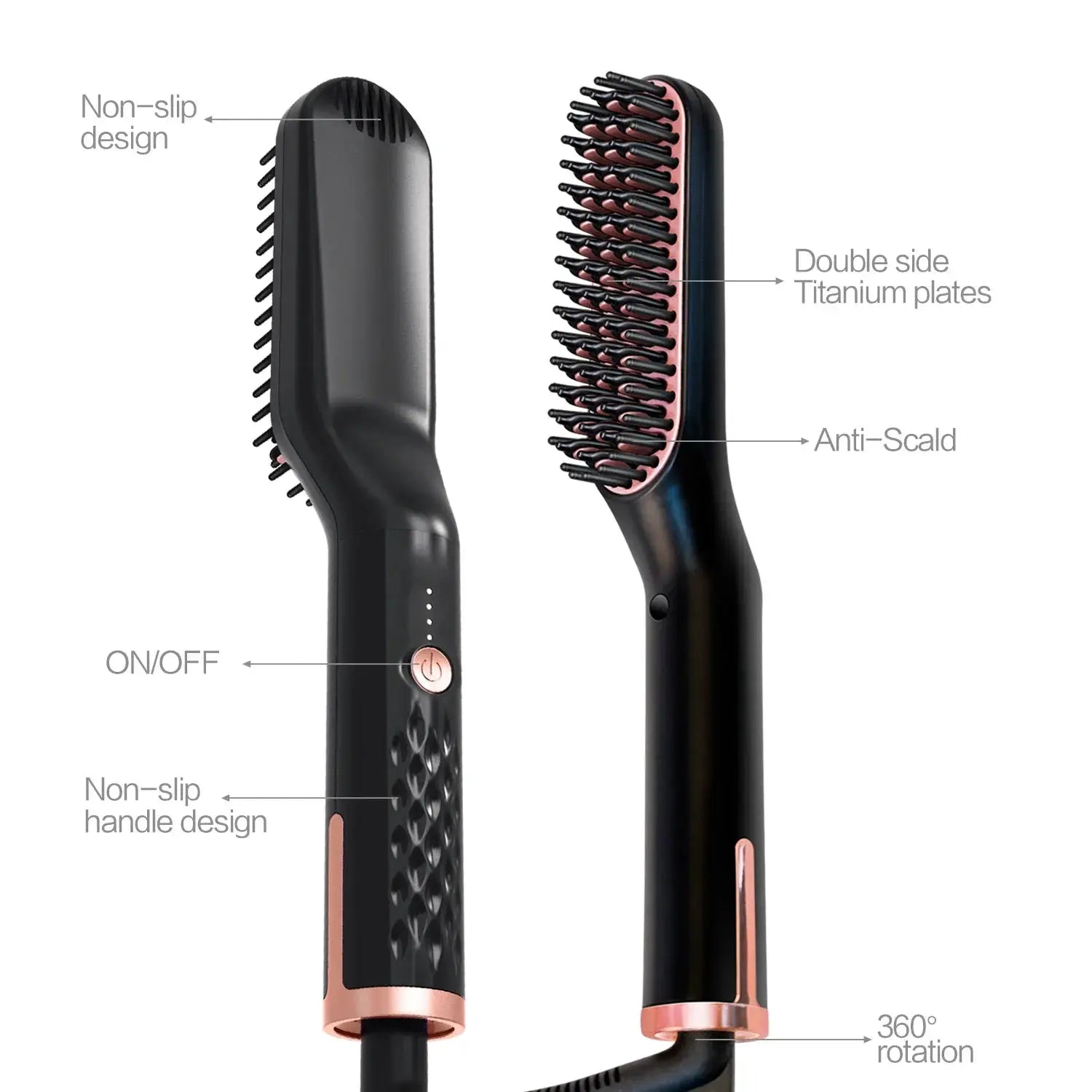 Men's electric beard straightener with black body, rose-gold accents, double-sided titanium plates; non-slip grip.