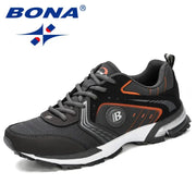 BONA men's running shoes, black/gray with orange accents, lace-up outdoor sneakers.