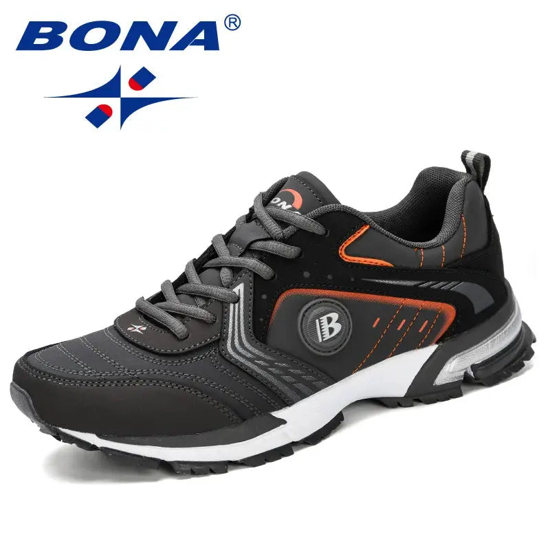 BONA men's running shoes, black/gray with orange accents, lace-up outdoor sneakers.