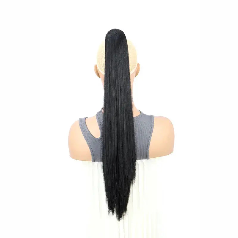 24-inch synthetic clip-on ponytail hair extension, long straight, heat resistant, black