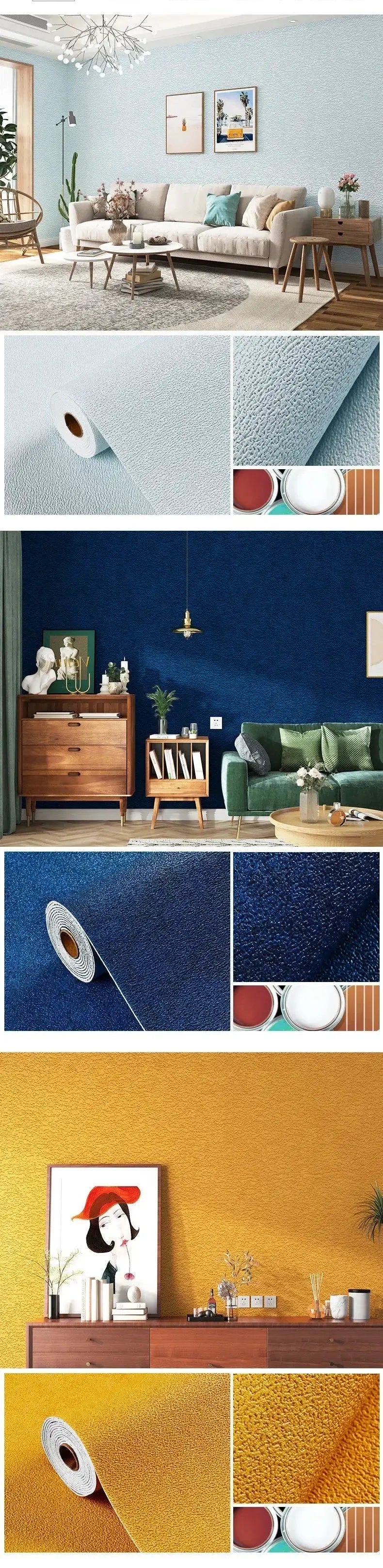 Linen 3D foam self-adhesive PVC wallpaper by Simples Market in light blue, navy, and mustard; solid color, waterproof.