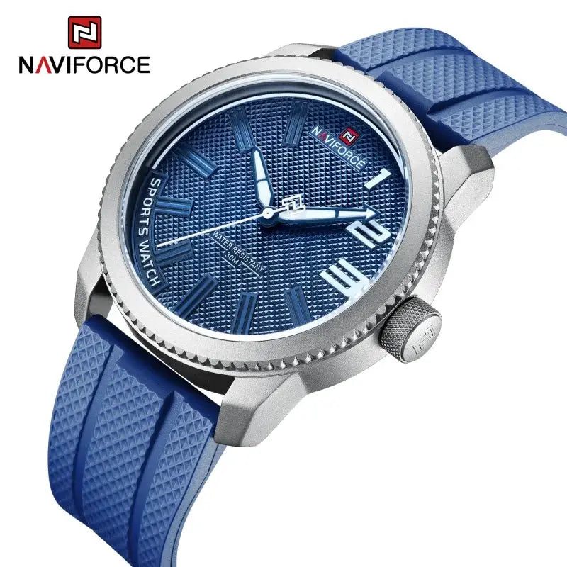 NAVIFORCE men's quartz watch with blue dial and blue silicone strap, stainless steel case, water resistant