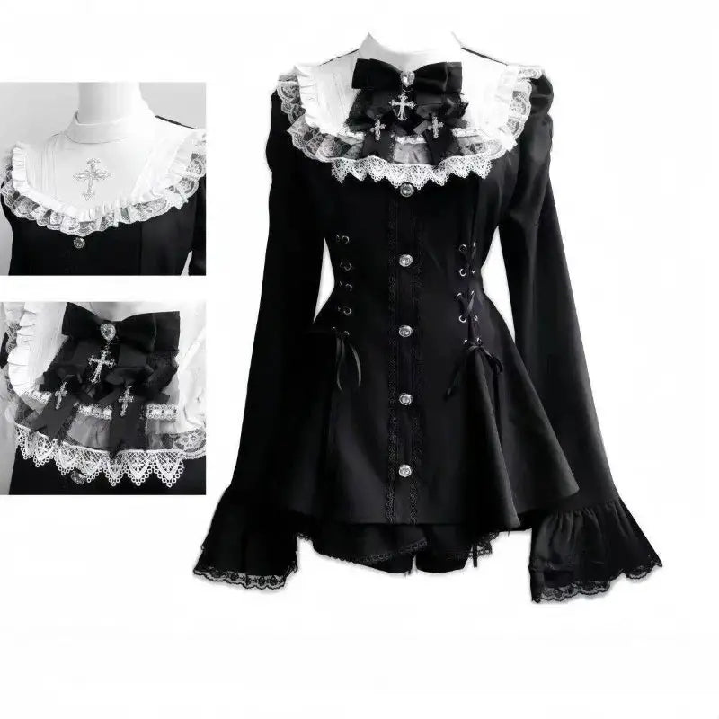 Y2K Lolita Bow Dress Shorts Set Gothic Lace Flare Sleeve Shirt Dress