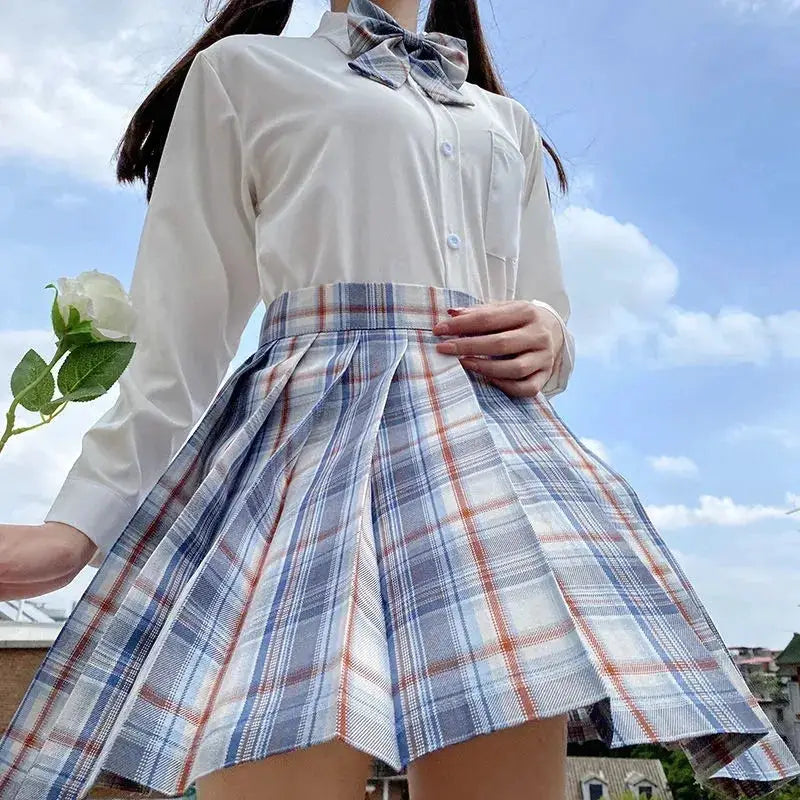 ZOKI plaid pleated high-waist mini skirt with bow knot in blue and white plaid