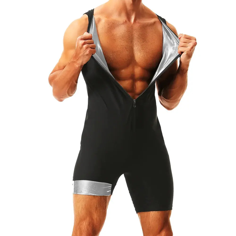 Men's black waist-trainer sauna jumpsuit with silver interior lining and front zipper