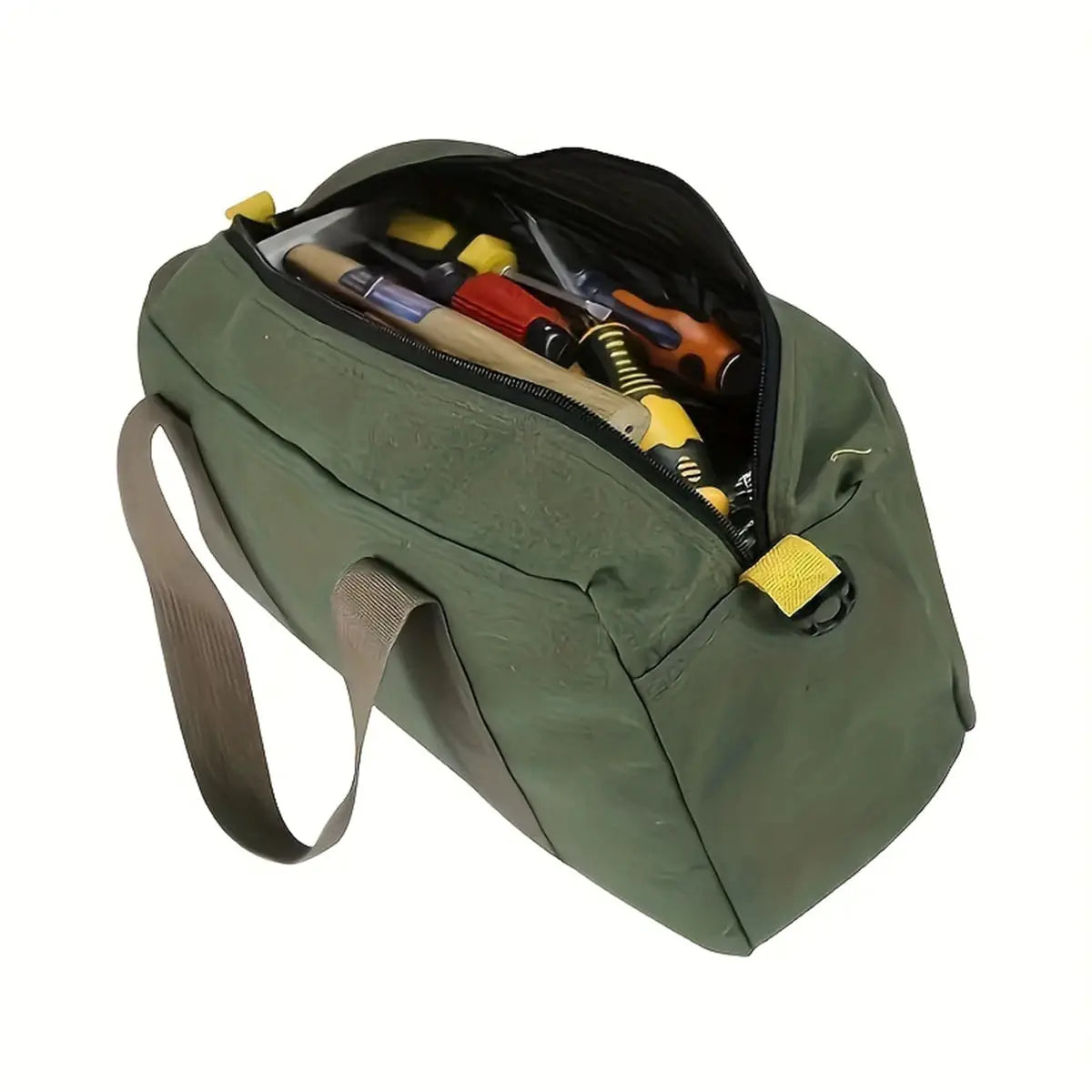 Maintenance tool bag, large-capacity canvas case in olive green with brown strap and tools inside.