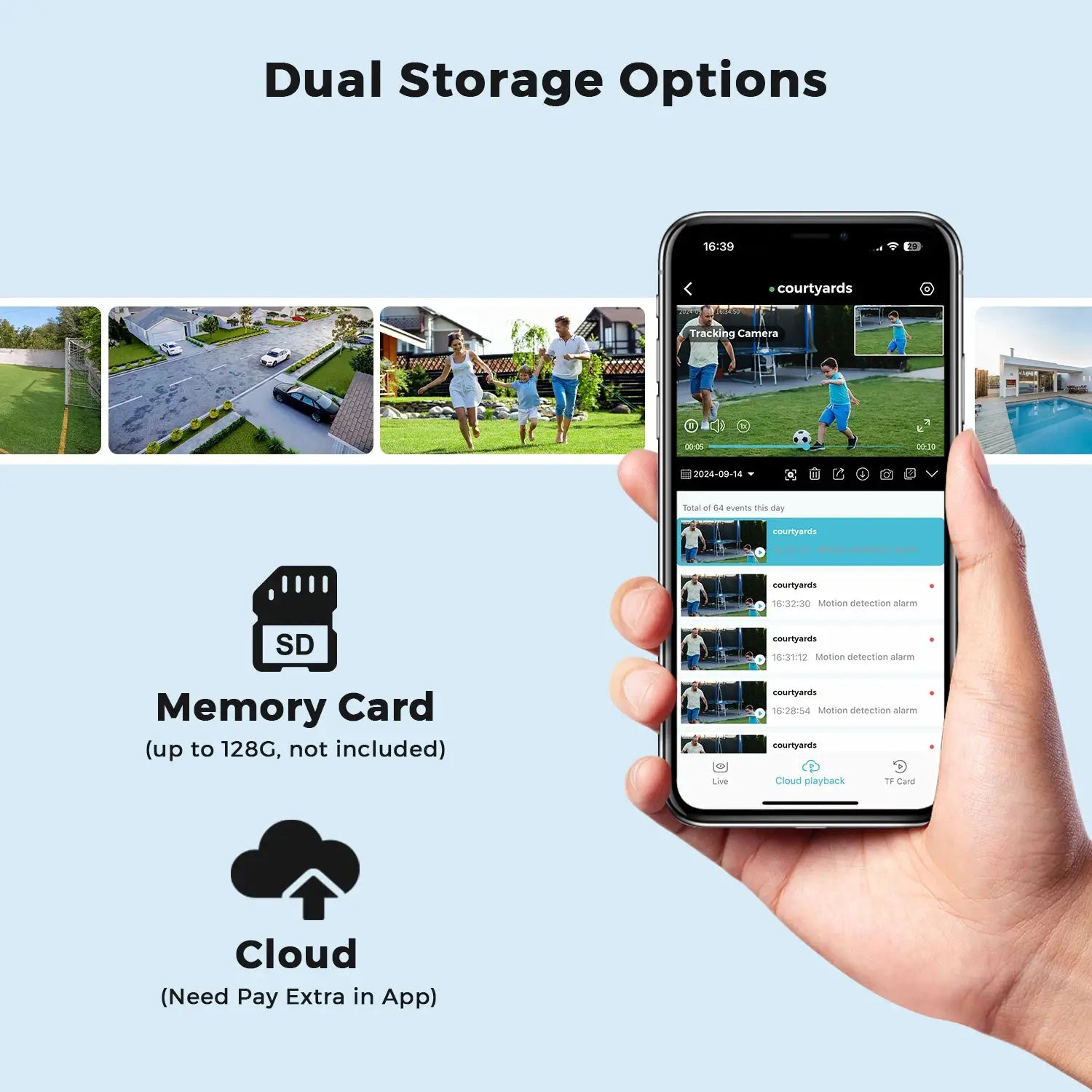 BESDER 15MP outdoor wifi camera banner by Simples Market; dual storage options via SD card or cloud, shown on phone app.