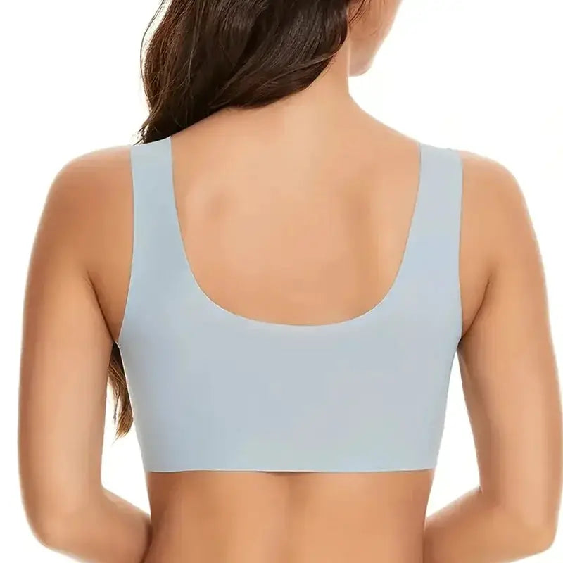 Simples Market women's seamless sports bra, light blue, back view with wide straps