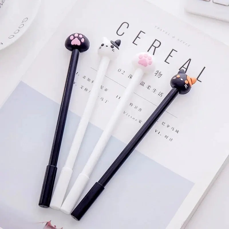 4-pack kawaii cat gel pens with cat head toppers, black ink, white and black bodies