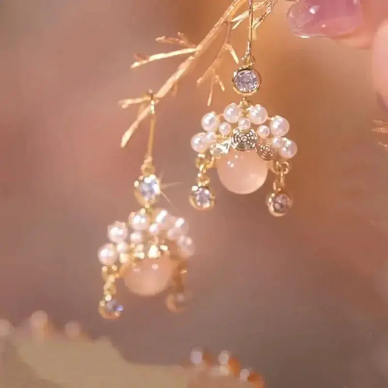 2022 New Trend Simulation Pearl Long Earrings With Flower Rhinestone Pendant For Women Wedding Korean Jewelry
