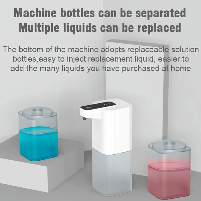 Simples Market automatic touchless soap dispenser with infrared sensor, USB charging, white body; blue and pink liquid jars (three items).