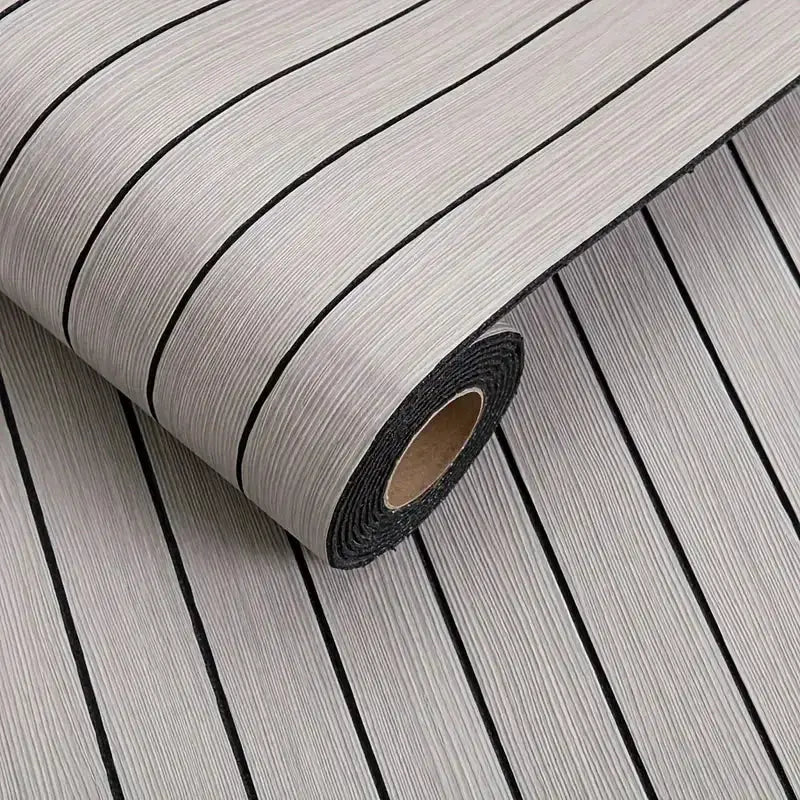 Self-adhesive wallpaper roll with gray wood grain pattern and black stripes, Simples Market, removable waterproof.