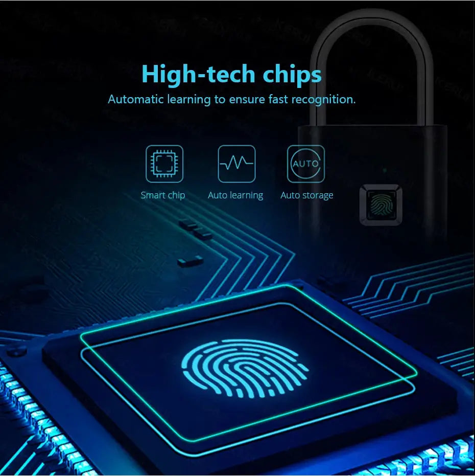 KERUI fingerprint smart padlock; black body with blue illuminated fingerprint pad