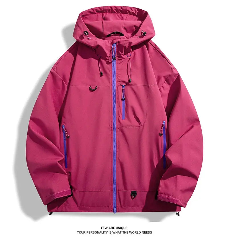 LNGXO pink waterproof hiking jacket with blue zippers and hood, unisex windproof rain coat by Simples Market.