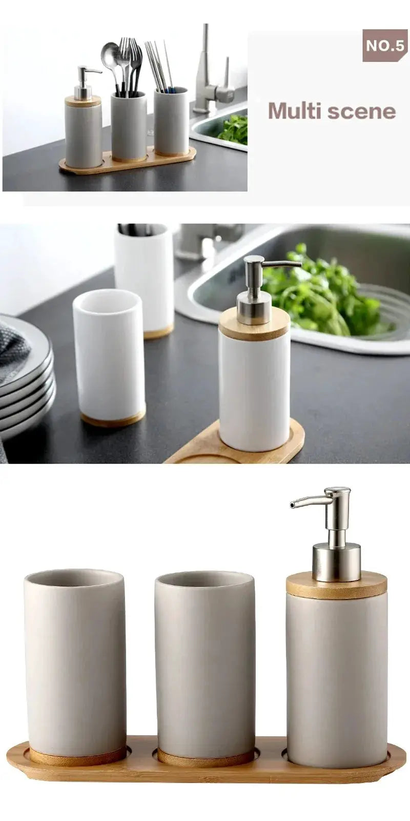 Simples Market ceramic bathroom accessories set with three pieces: dispenser, toothbrush holder, tumbler on wooden tray.