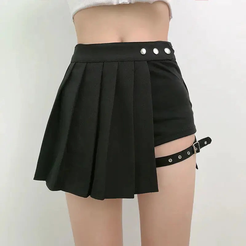 Black high-waist pleated mini skirt with thigh strap and silver hardware