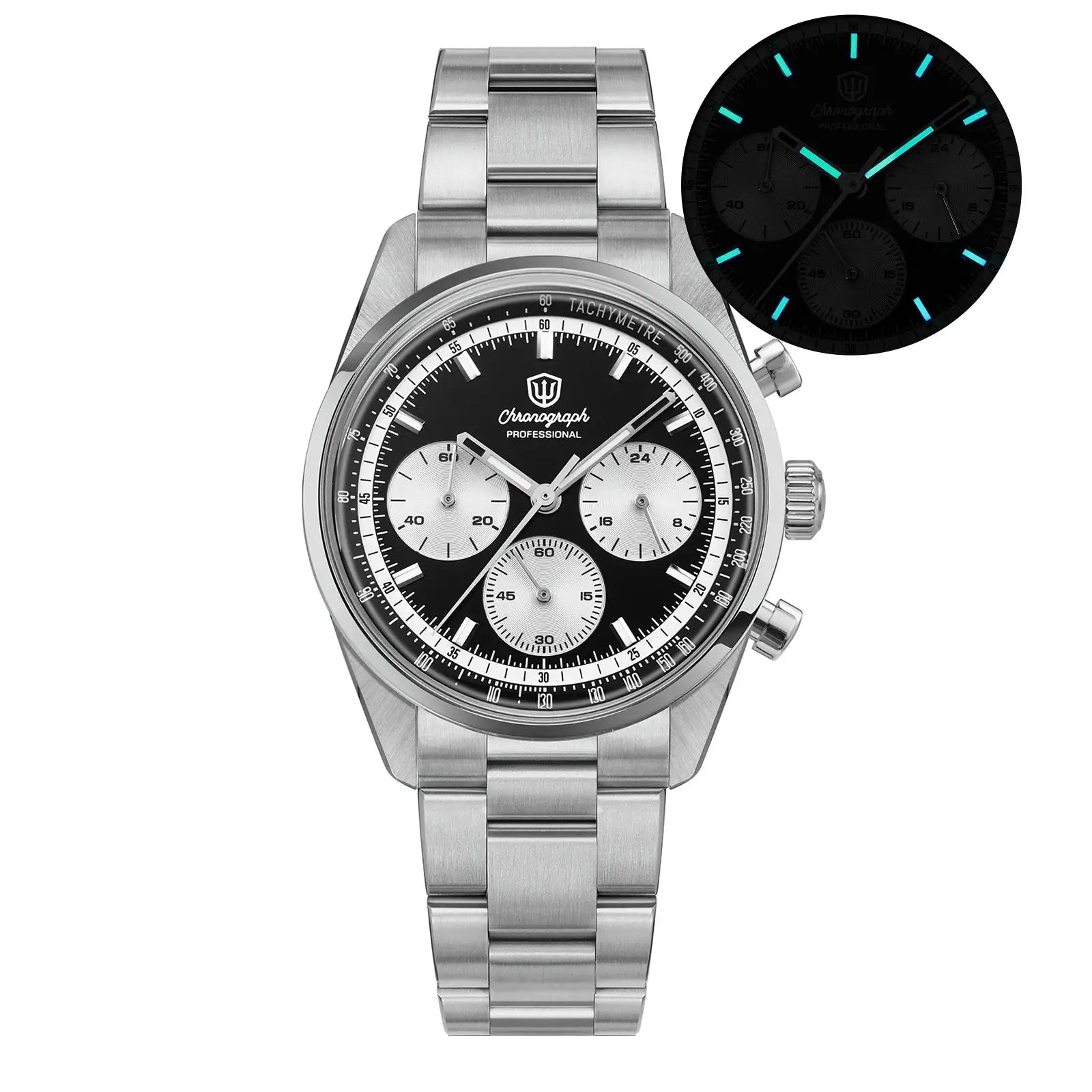 Watch WD0526 VK63 chronograph, stainless steel with black dial and silver subdials, 38.5mm, 100m water resistant