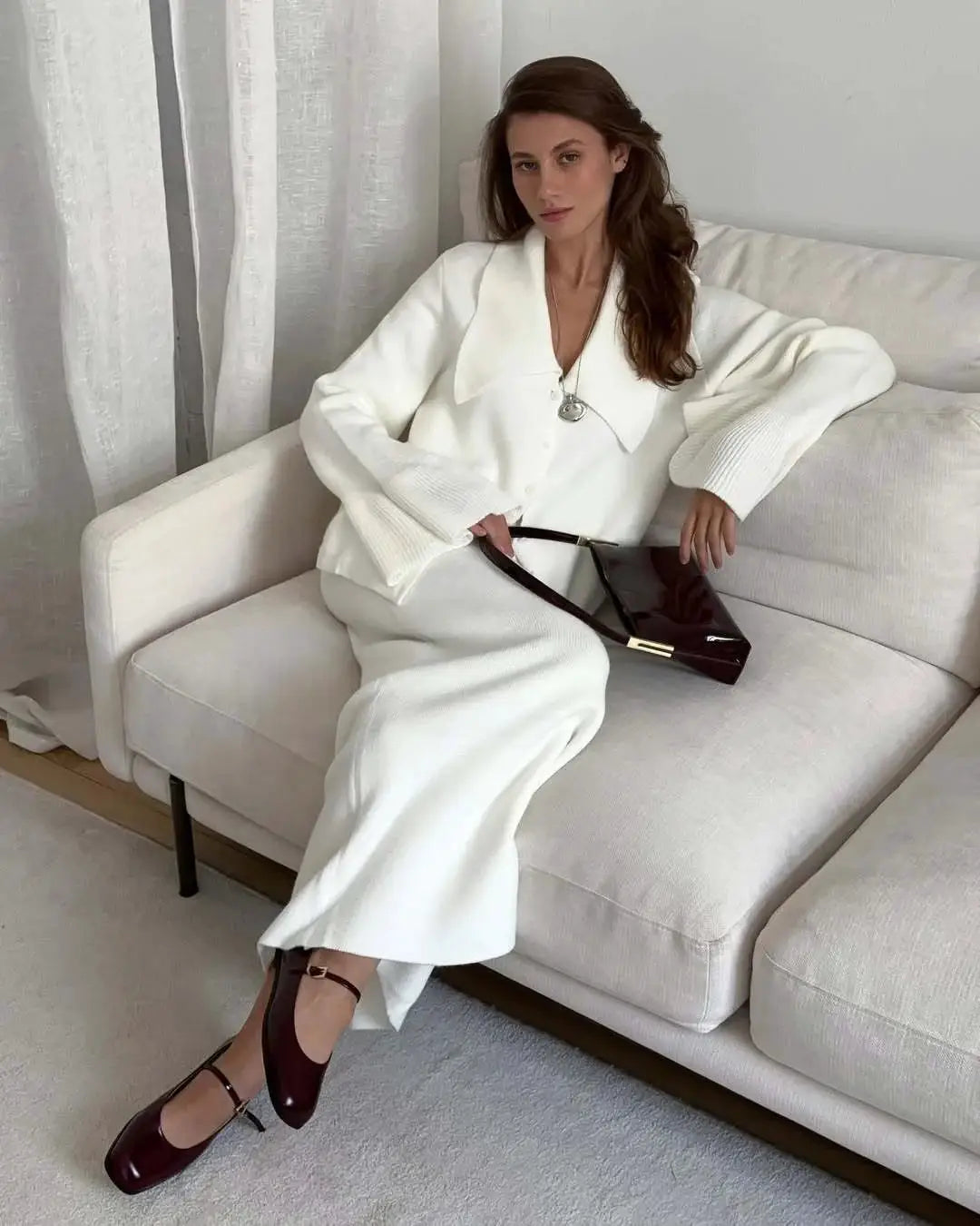 Hirsionsan Two Piece Set Women Polo Neck Cardigan And Midi Dress