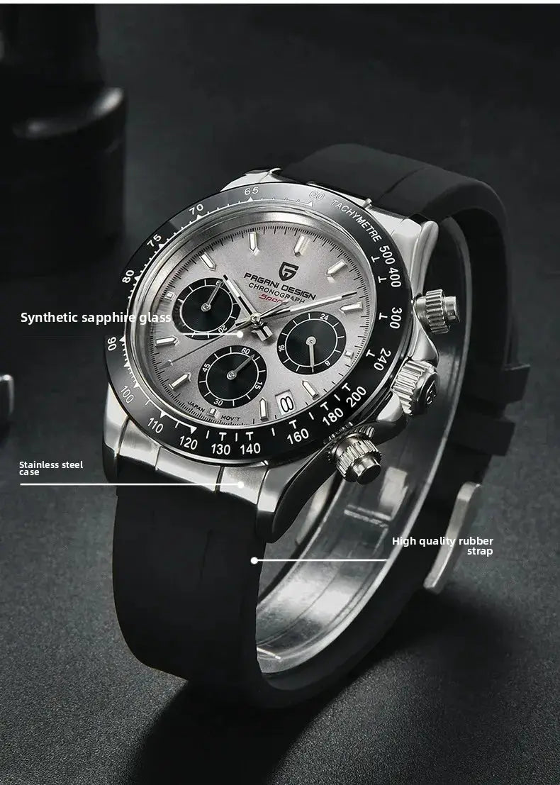 Pagani Design 40mm V2 chronograph watch with stainless steel case, silver dial, black tachymeter bezel, rubber strap