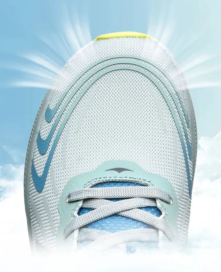 Men's Classic Cushion Running Shoes by Simples Market, white mesh with blue accents, lightweight breathable