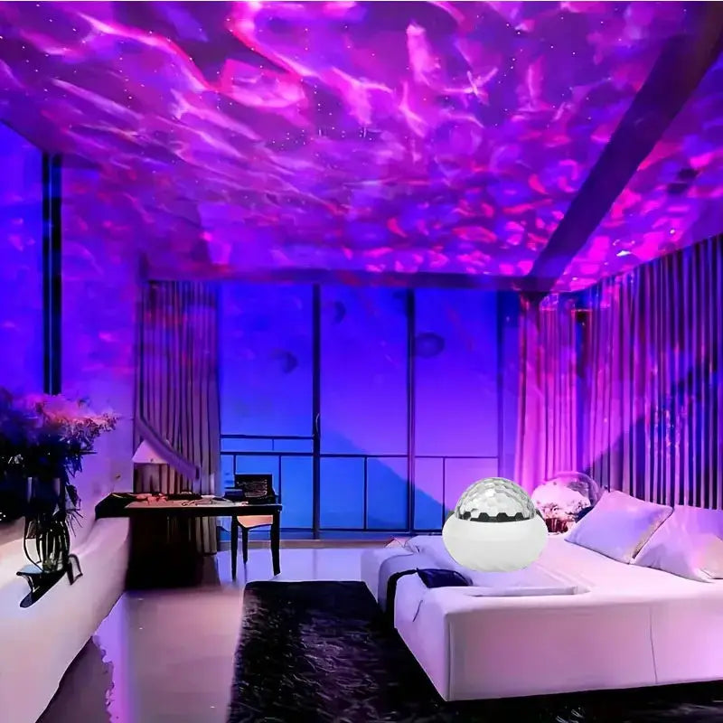 Simples Market Northern Light Projector RGB lamp; 360° rotation projecting auroras across bedroom ceiling and disco ball