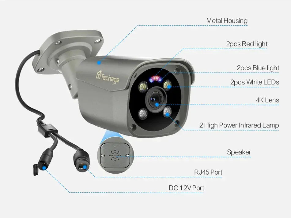 Techage outdoor metal IP camera with 4K lens and two-way audio; RJ45 Ethernet port.