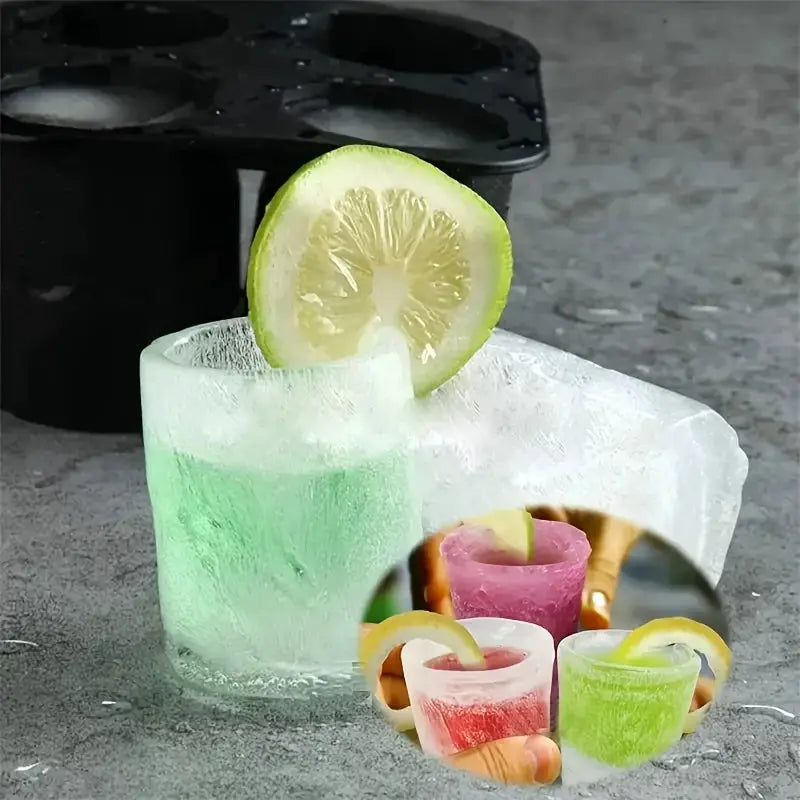 Simples Market silicone four-hole ice cube mold for round ice blocks; green cocktail with lemon slice; colorful samples