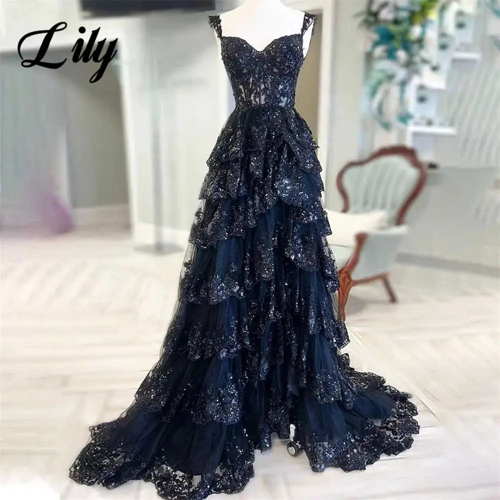 Lily Navy Blue Sweetheart A Line Dress Tiered Pleats Spaghetti Strap