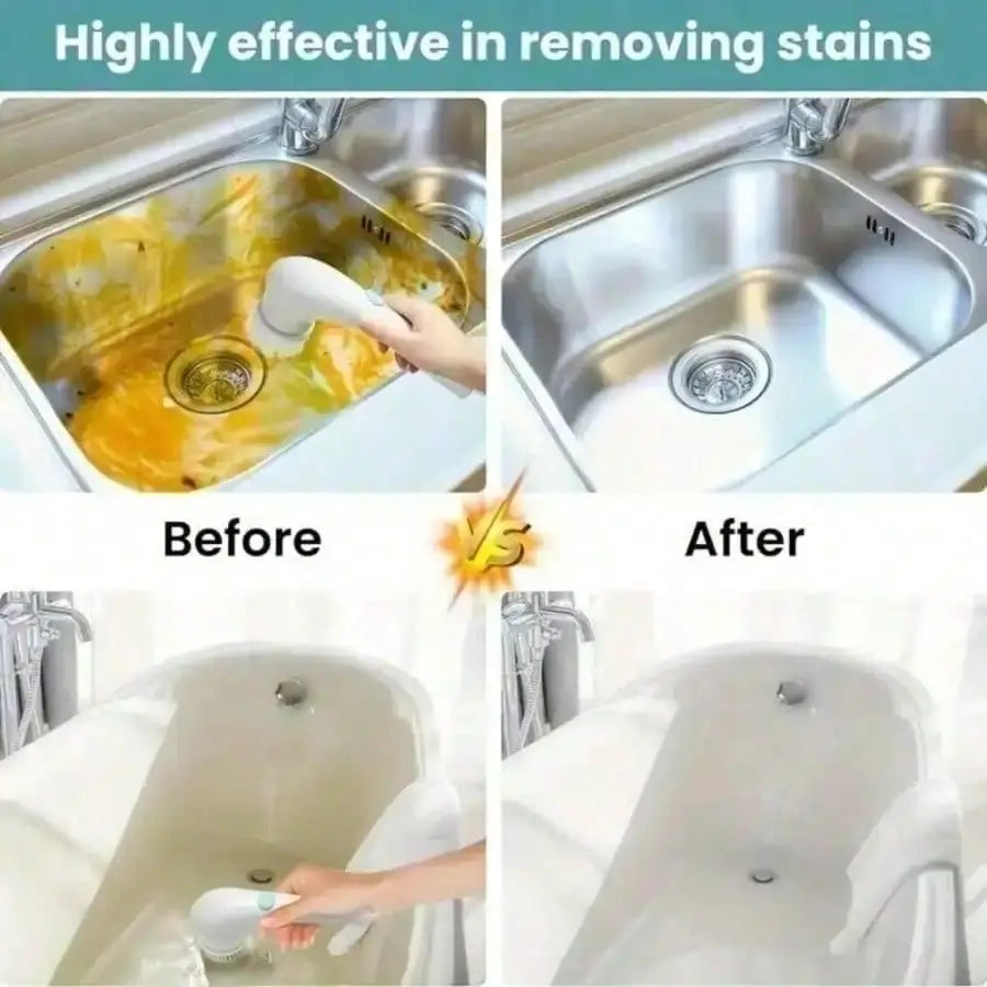 White electric cleaning brush by Simples Market with brush head for stubborn kitchen and bathroom stains (before/after)