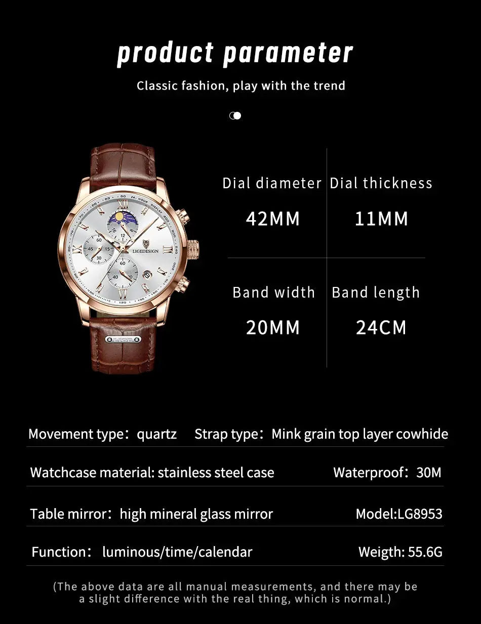 LIGE men's watch by Simples Market with rose-gold stainless steel case and brown leather strap