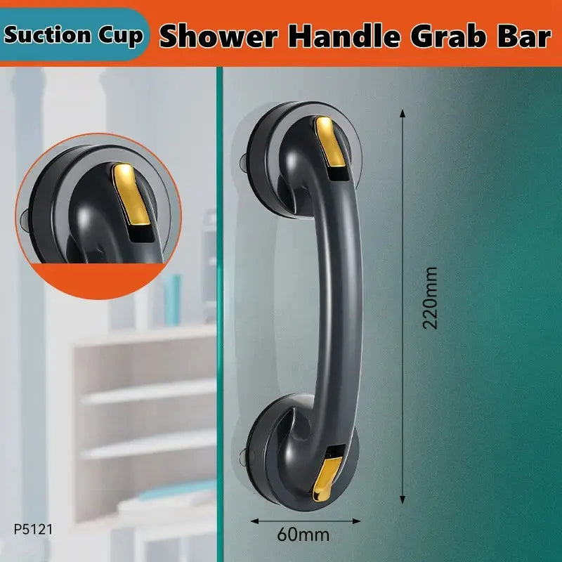 Simples Market shower handle grab bar with two suction cups, gray with yellow latches, 220mm long.