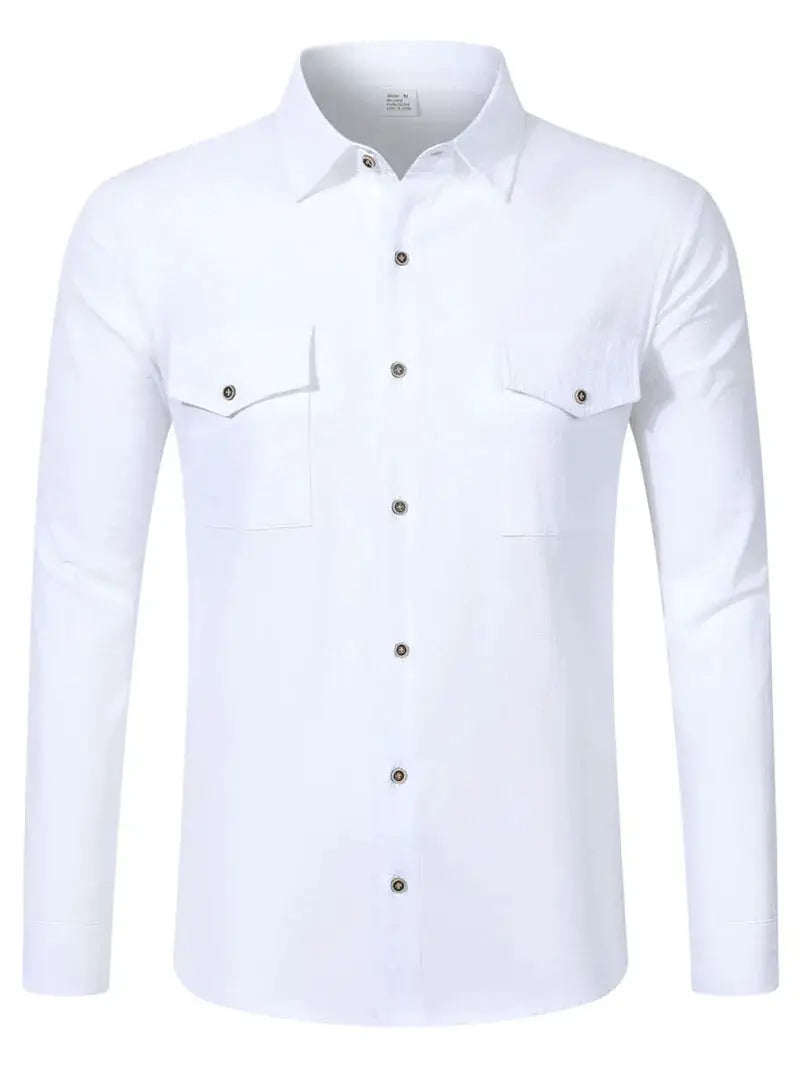 Men's long sleeve casual shirt in white linen with double chest pockets, button-up by Simples Market