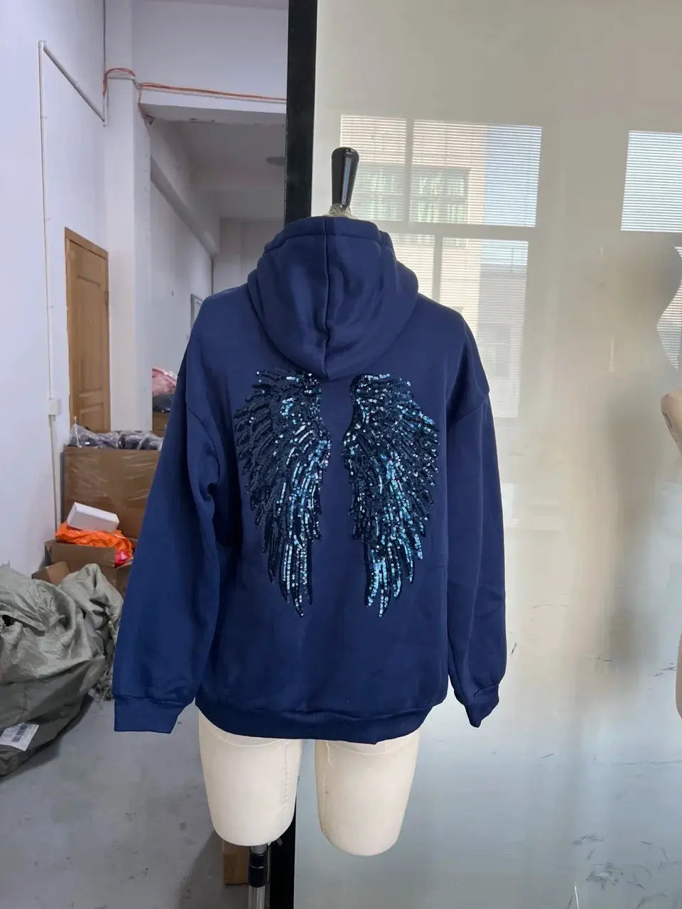 GlamAura Shinny Sequin Angel Wings Hooded Jacket Loose Casual Pullover With Dazzling Embellishments