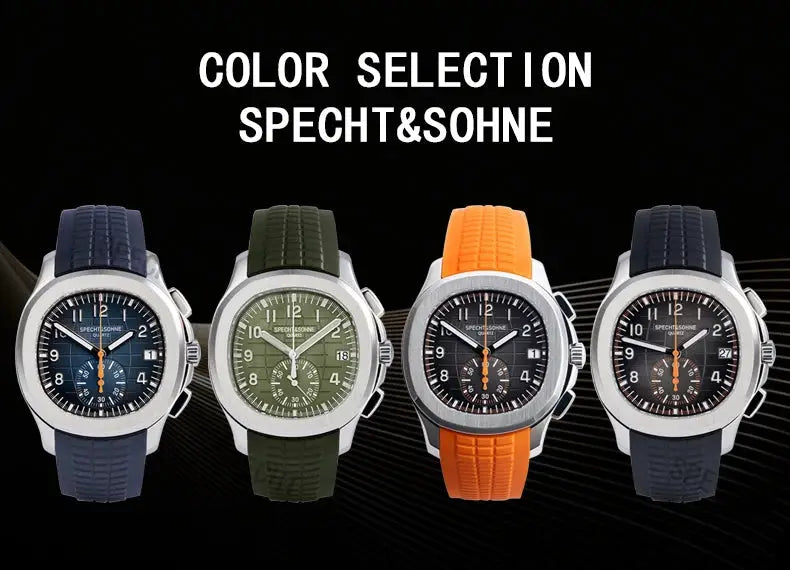 Specht & Söhne New Classic 5167 men's watch; four color options with rubber straps in blue, olive, orange, and navy