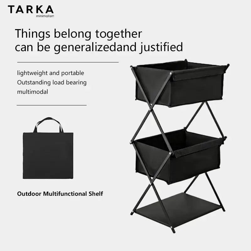 TARKA three-layer folding outdoor storage rack in black with fabric bins and metal frame