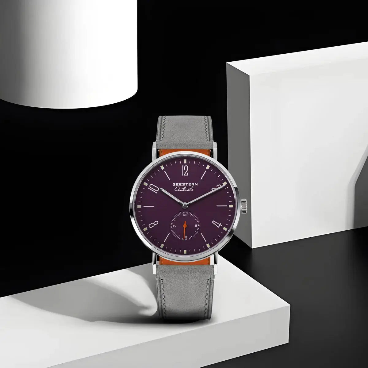 Seestern men's automatic wristwatch with purple dial, ultra-thin stainless steel case, and gray leather strap.